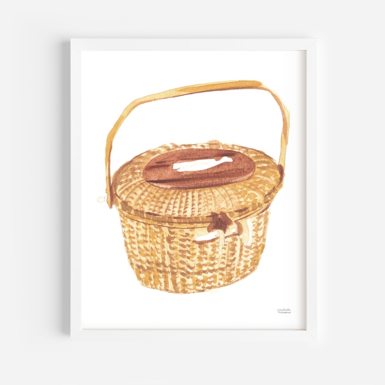 May include: A watercolour painting of a woven basket with a brown lid and a handle. The basket is light brown and has a woven pattern.