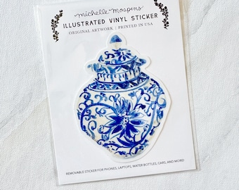 Cute Ginger Jar Sticker, Watercolor Blue Grandmillennial Stickers by Michelle Mospens, Sticker to Decorate Your Phone, Waterbottle, Laptop