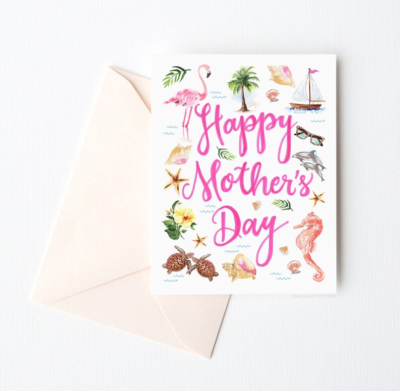 Happy Mother's Day Card Beach Mother's Day Greeting Card Illustrated Mother's Day Card for Mom From Daughter First Mothers Day Card image 1