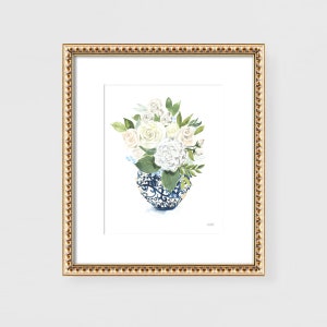 Ginger Jar Print Chinoiserie Wall Art Floral Painting Botanical Wall Art Blue Wall Decor for Living Room Watercolor Wall Art Print