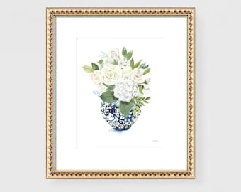 Ginger Jar Print Chinoiserie Wall Art Floral Painting Botanical Wall Art Blue Wall Decor for Living Room Watercolor Wall Art Print