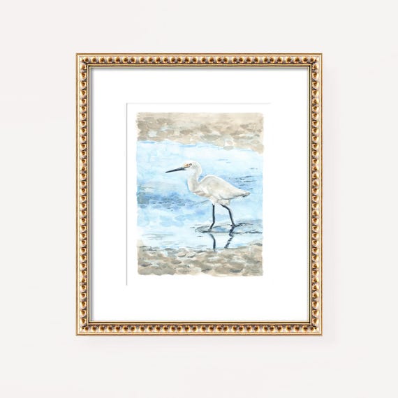 Watercolor Egret Art Print: Coastal Bird Painting by Michelle Mospens