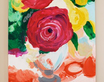 20x24 Painting Floral Roses, Large Floral Rose Wall Art, Red Rose, Floral Roses Decor, Roses in Vase