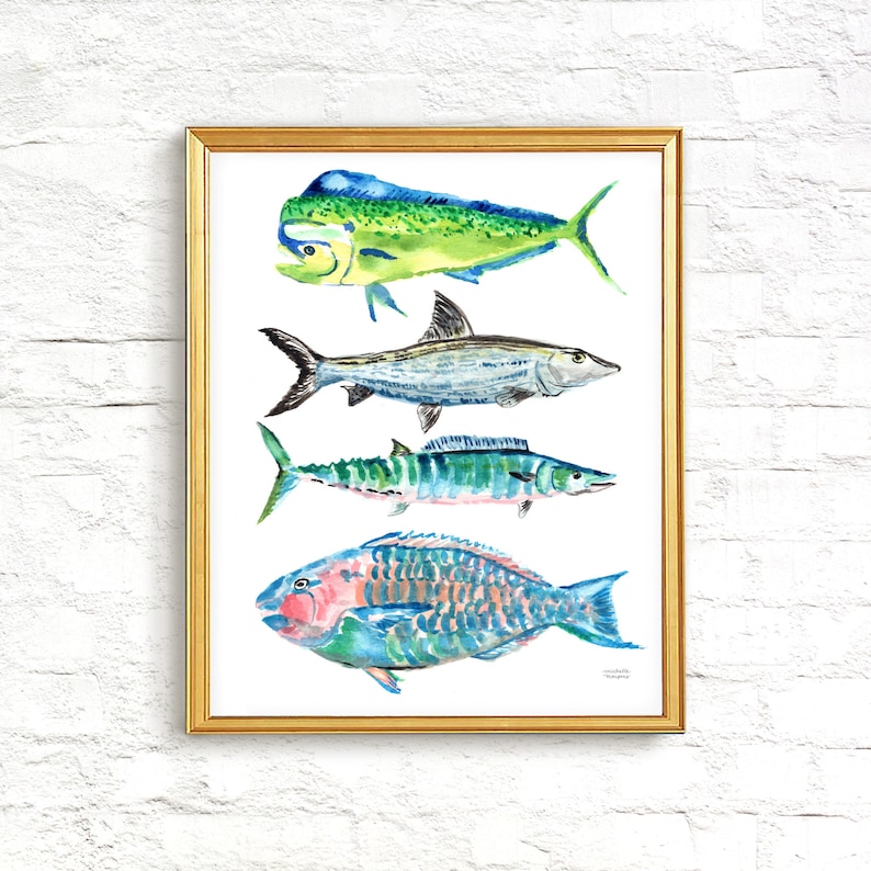 Puede incluir: Una pintura de acuarela de cuatro tipos diferentes de peces. Los peces son un mahi-mahi, una barracuda, un wahoo y un pez loro. Los peces est&aacute;n todos pintados en un estilo realista con colores vibrantes.