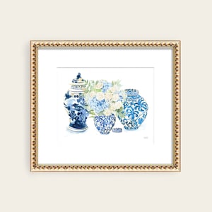Impression d'art aquarelle en pot de gingembre : bouquet grand millénaire bleu et blanc