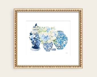 Ginger Jar Watercolor Art Print: Grandmillennial Blue and White Bouquet