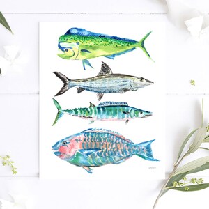 Puede incluir: Pintura acuarela de cuatro tipos diferentes de peces. Los peces est&aacute;n pintados en tonos de azul, verde y rosa. Los peces est&aacute;n dispuestos verticalmente sobre un fondo blanco.