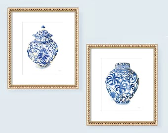 Ginger Jars Prints, Watercolor Ginger Jars Paintings, Grandmillennial Art, Chinoiserie Prints Set of 2, Watercolor Art by Michelle Mospens