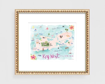 Key West Florida Watercolor Map Art Print: Beachy Wall Decor Travel Poster