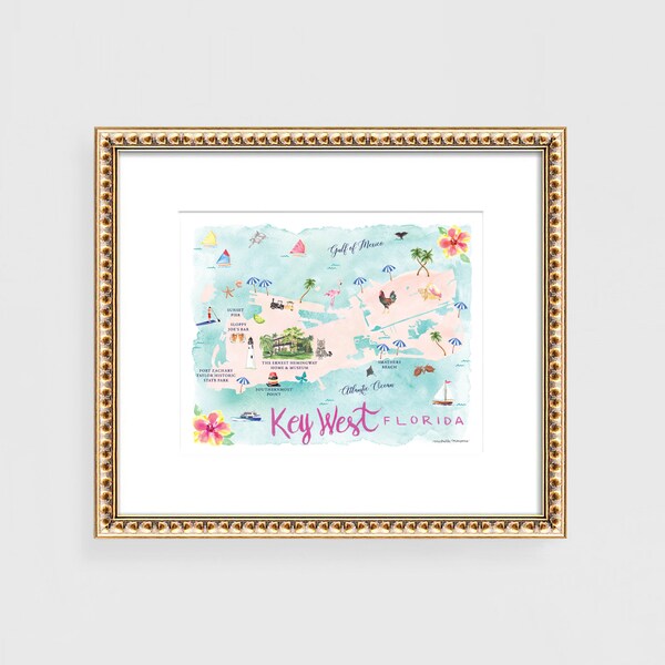 Key West Watercolor Map Print, Florida Coastal Artwork, Travel Illustration by Michelle Mospens