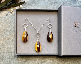 Chic one of a kind Tiger eye jewellery set, Tiger eye necklace, Tiger eye earrings, Sterling silver jewellery set, Gemstone jewellery, Gift