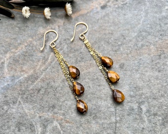 Chic Tiger eye earrings, Gold filled earrings, Gemstone earrings, Tiger eye earrings, Tiger eye jewellery, Dangle earrings