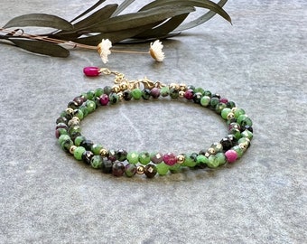 One of a kind Ruby Zoisite bracelet, Wrap bracelet, 14k gold filled bracelet, Ruby zoisite jewellery, Beaded bracelet, Women bracelet