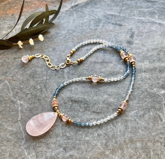 Stunning one of a kind Rose gemstone necklace, 14k gold filled necklace, Aquamarine necklace, Rose Quartz necklace, Fertility necklace, Gift