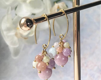 24k gold vermeil cluster earring, Pastel colour gemstone earring, Natural gemstone earring, Gemstone earring, Chakra healing, Gift for her