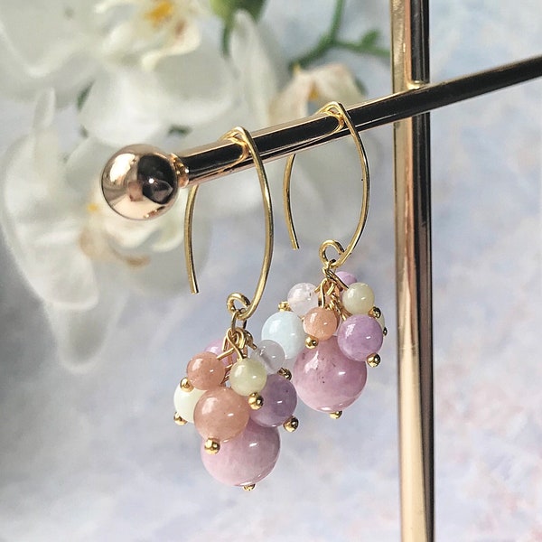 24k gold vermeil cluster earring, Pastel colour gemstone earring, Natural gemstone earring, Gemstone earring, Chakra healing, Gift for her