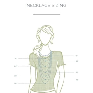 May include: Diagram showing different necklace lengths on a woman's neck, ranging from 16 inches to 60 inches.