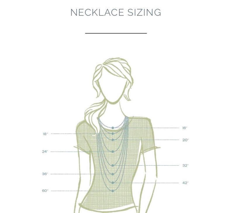 May include: Diagram showing different necklace lengths on a woman's neck, ranging from 16 inches to 60 inches.