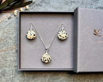 Gorgeous one of a kind Dalmatian Jasper jewellery set, Jasper necklace, Jasper earrings, 14k gold filled jewellery, Gemstone jewellery, Gift