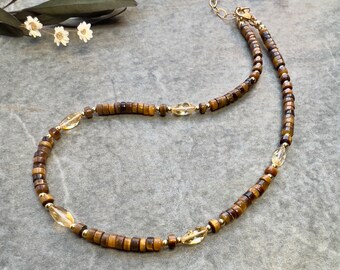 Chic one of a kind Tiger eye necklace, Citrine necklace, 14k gold filled necklace, Choker necklace, Tiger eye jewellery, Citrine jewellery