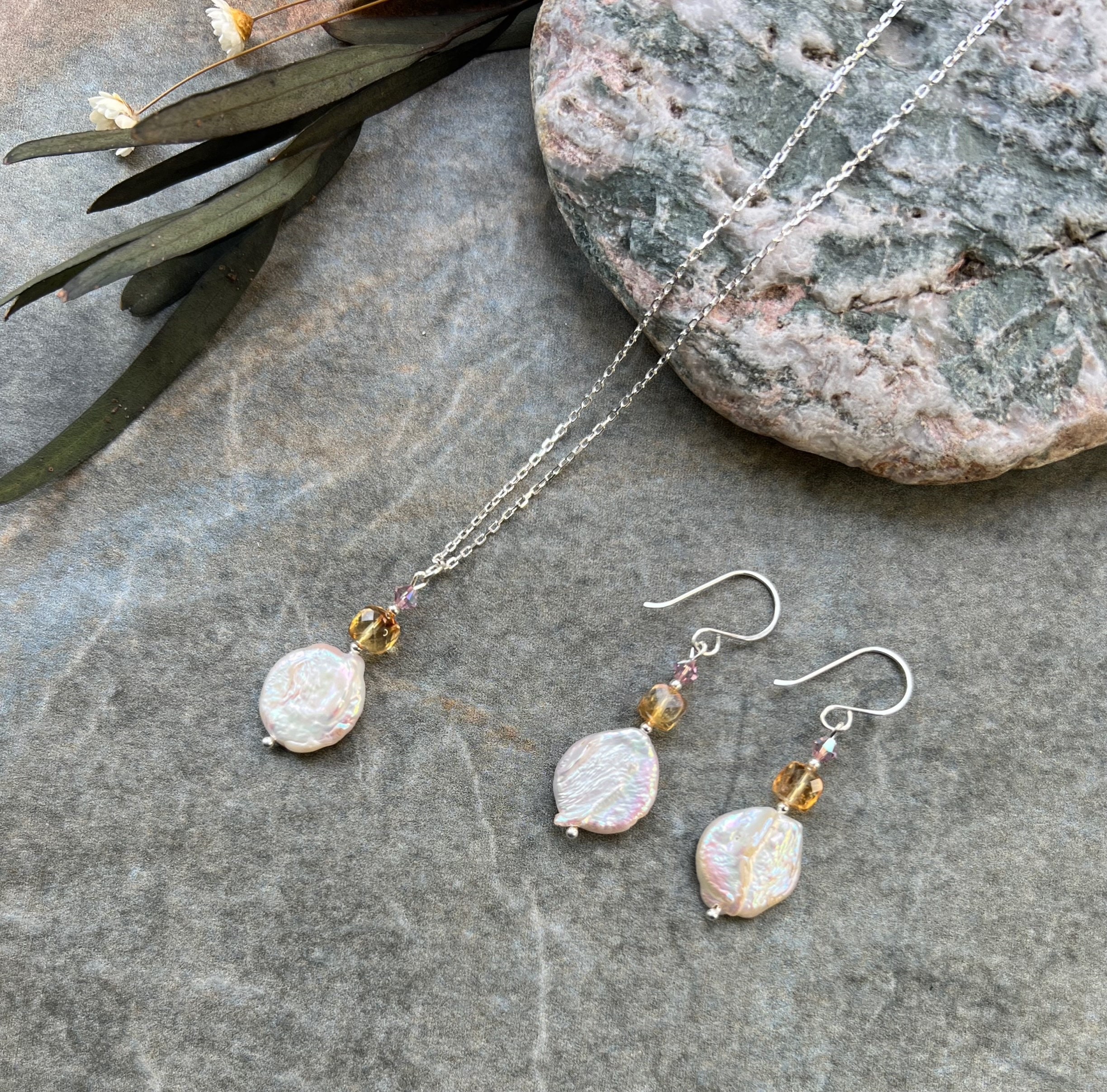 Unique Coin Pearl Jewellery Set, Pearl Necklace and Earrings