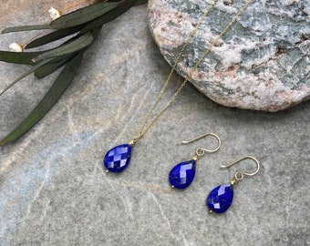 Gorgeous jewellery set,  Lapis lazuli necklace, Lapis lazuli earrings, 18k gold Vermeil jewellery set, Gemstone jewellery set, Gift