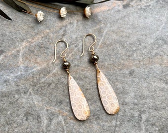 One of a kind Indonesian Fossil Coral earrings, 14k Gold filled earrings, Gemstone earrings, Fossil Coral earrings, Fossil Coral jewellery