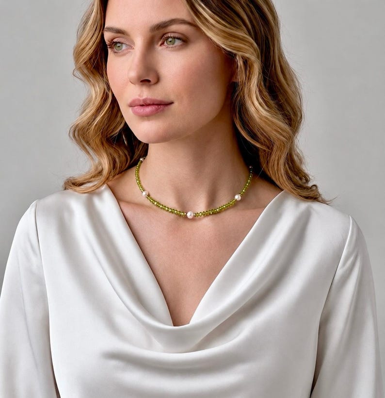 May include: A delicate choker necklace featuring a strand of small, faceted olive-green beads interspersed with evenly spaced, smooth white pearls. The necklace rests against the neck, showcasing a simple, refined design with a polished finish.