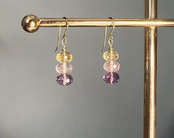 Unique 9k solid gold multi gemstones earrings, Solid gold earrings, Amethyst earrings, Citrine earrings, Gold earrings, Gift