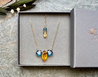 Chic One of a Kind Blue Topaz and Citrine Necklace, 14k Gold