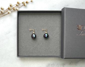 Minimal 14k solid gold natural Peacock Black Pearl earrings, Solid gold earrings, Pearl earrings, Pearl jewellery, Wedding jewellery, Gift
