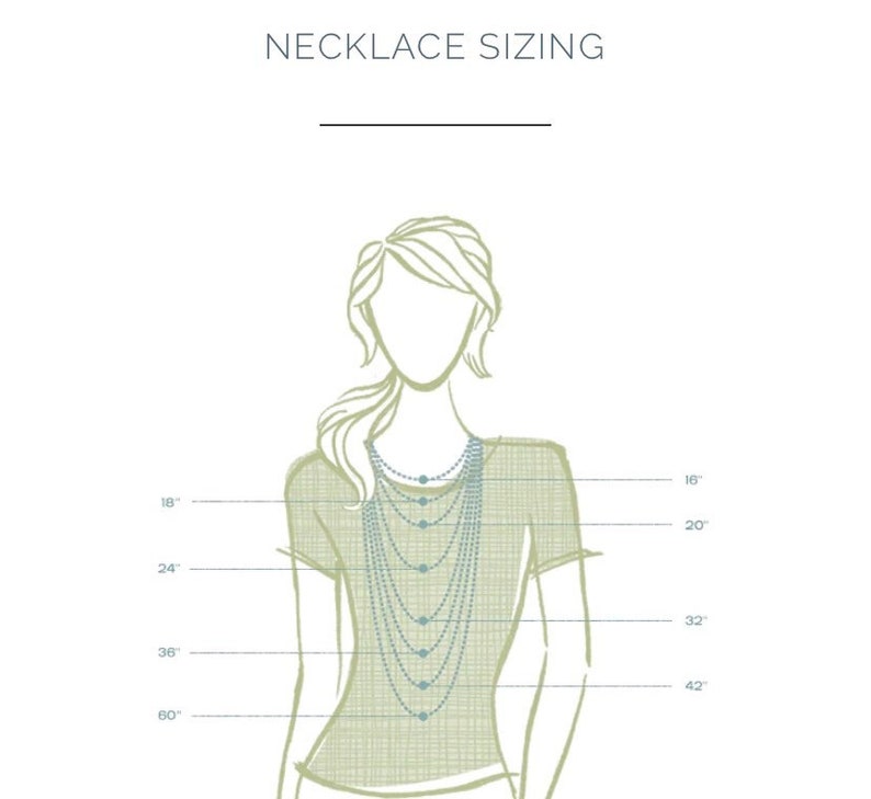 May include: Diagram showing different necklace lengths on a woman's neck. The lengths are labelled in inches: 16, 18, 20, 24, 32, 36, 42, and 60.
