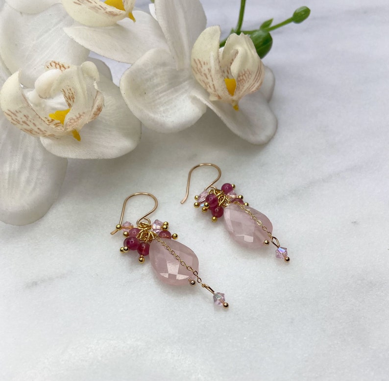 Dainty Rose Quartz Earrings, Pink Tourmaline Earrings, Gold Filled ...