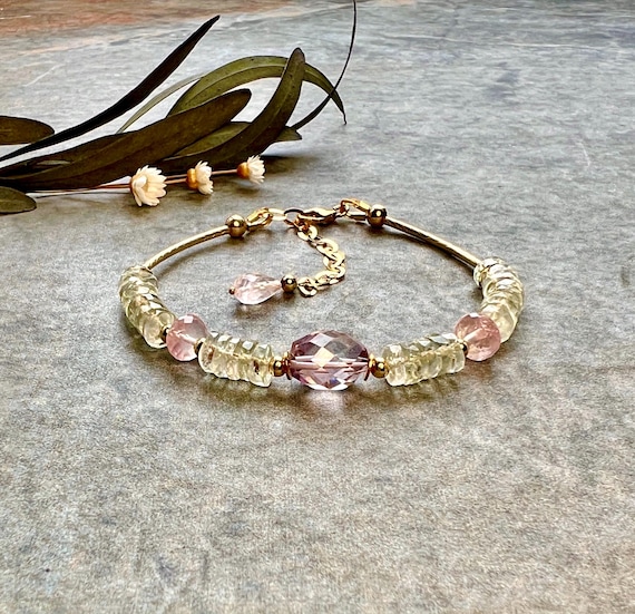 Luxe one of a kind Amethyst and Rose Quartz bracelet, 14k Gold filled  bracelet, Bridal jewellery, Amethyst bracelet, Gemstone bracelet, Gift