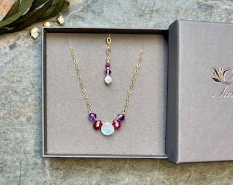 Luxe one of a kind multi gemstone necklace, Moonstone necklace, Ruby necklace, Amethyst necklace, 14k Gold filled necklace, Wedding jewelry