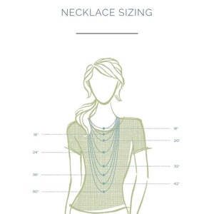 Puede incluir: Diagrama que muestra diferentes longitudes de collar en el cuello de una mujer. Las longitudes est&aacute;n etiquetadas en pulgadas: 16, 18, 20, 24, 32, 36, 42 y 60.