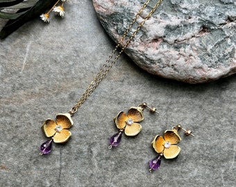 Stunning one of a kind Amethyst jewellery set, Amethyst necklace and earrings, 14k gold filled jewellery, Amethyst jewellery, Flower Jewelry