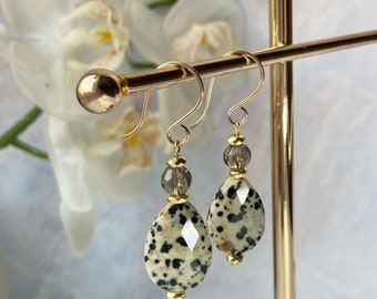 Unique Dalmatian Jasper earrings, Gold filled earrings, Gemstone earrings, Smokey Quartz earrings, Hematite earrings, Chakra earrings, Gift