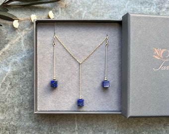 Minimal jewellery set, Lapis Lapis lazuli necklace, Lapis lazuli earrings, 18k gold Vermeil jewellery set, Gemstone jewellery set, Gift