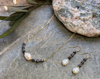 Dainty gemstone jewellery set, Sapphire necklace, Sapphire earring, Pearl  necklace, Pearl Earring, Pearl jewellery, Wedding jewellery, Gift