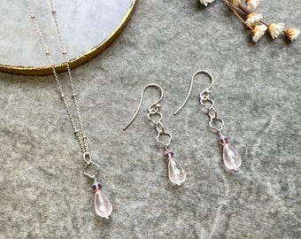 Luxe one of a kind Rose Quartz jewellery set, Sterling silver necklace and earrings, Gemstone jewellery, Wedding jewellery, Bridal jewellery