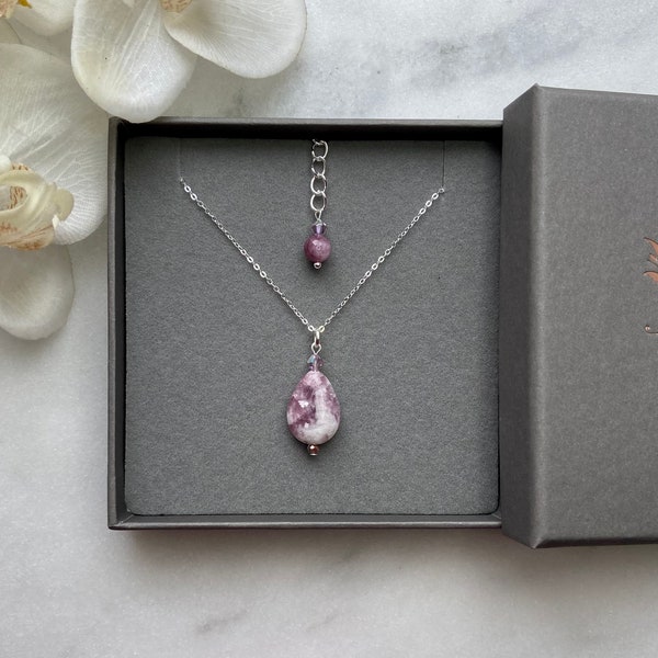 Unique Lepidolite necklace, Sterling silver 925 necklace, Swarovski necklace, Gemstone necklace, Chakra necklace, Crystal healing, Gift