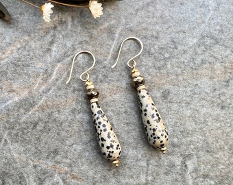 Gorgeous Dalmatian Jasper earrings, 14k Gold filled earrings, Gemstone earrings, Pyrite earrings, Dalmatian Jasper jewellery