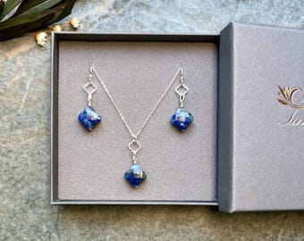 Precioso conjunto de joyas de lapislázuli, collar de lapislázuli, pendientes de lapislázuli, joyas de plata de ley, joyas con piedras preciosas, regalo