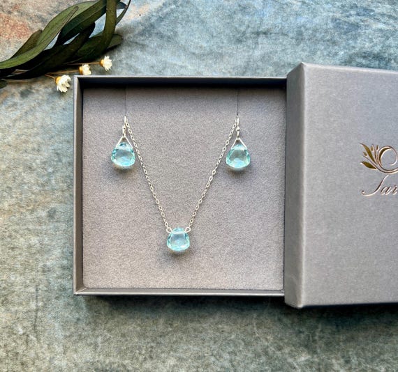 Luxe Aquamarine jewellery set, Sterling silver jewellery set, Aquamarine necklace and earrings, Gemstone earrings, Earrings, Necklace, Gift
