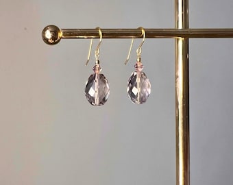 Luxe 9k solid gold Pink Amethyst and Swarovski earrings, Solid gold earrings, Amethyst earrings, Wedding jewellery, Gold earrings, Gift