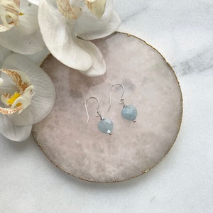 May include: A pair of silver earrings with light blue heart-shaped gemstone drops.