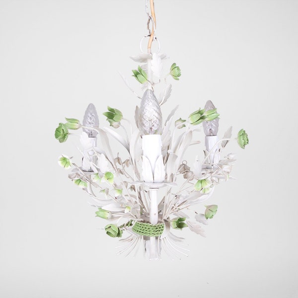 Lustre blanc à fleurs vertes - Luminaire design français des années 1950