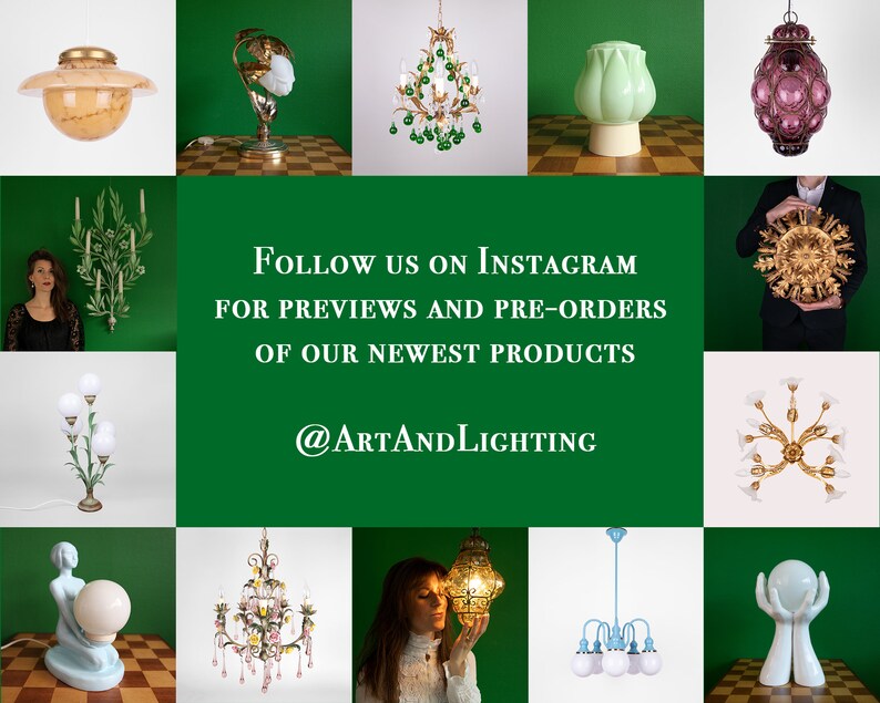 May include: A collage of various vintage and modern lighting fixtures, including chandeliers, table lamps, and ceiling lights. The image features a variety of styles and materials, such as glass, metal, and crystals. The text "FOLLOW US ON INSTAGRAM FOR PREVIEWS AND PRE-ORDERS OF OUR NEWEST PRODUCTS @ARTANDLICHTING" is displayed in the center of the image.