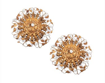 Pair of Maison Baguès style flush mount lamps with porcelain roses from Banci